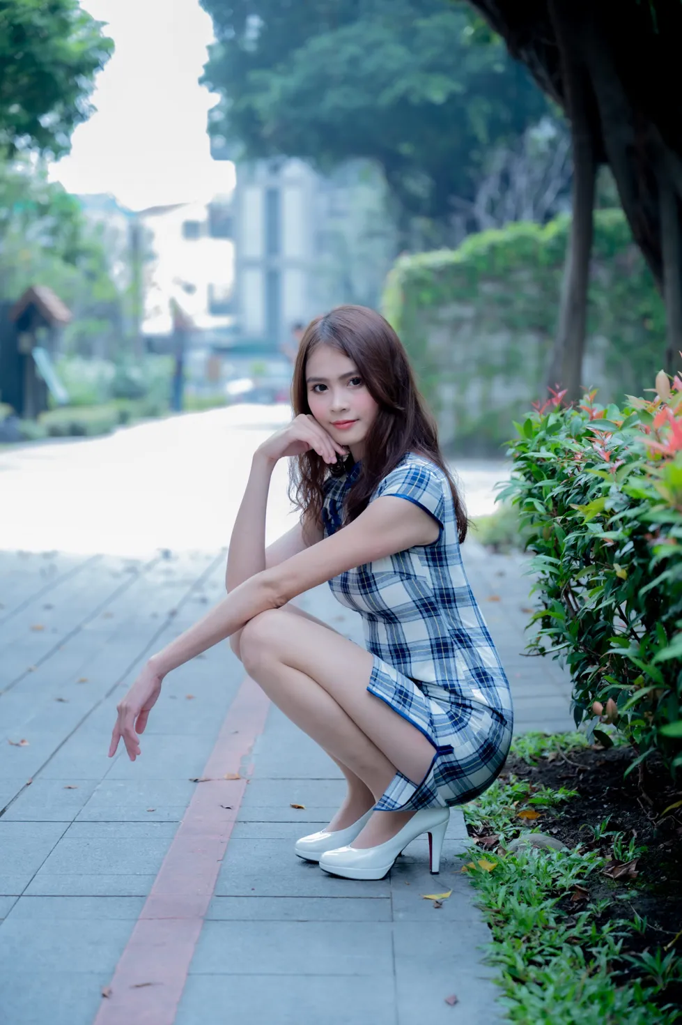 [Mzsock] NO.205 He Jiaxin plaid short cheongsam stockings high heels beautiful legs street photography#[84P]-52